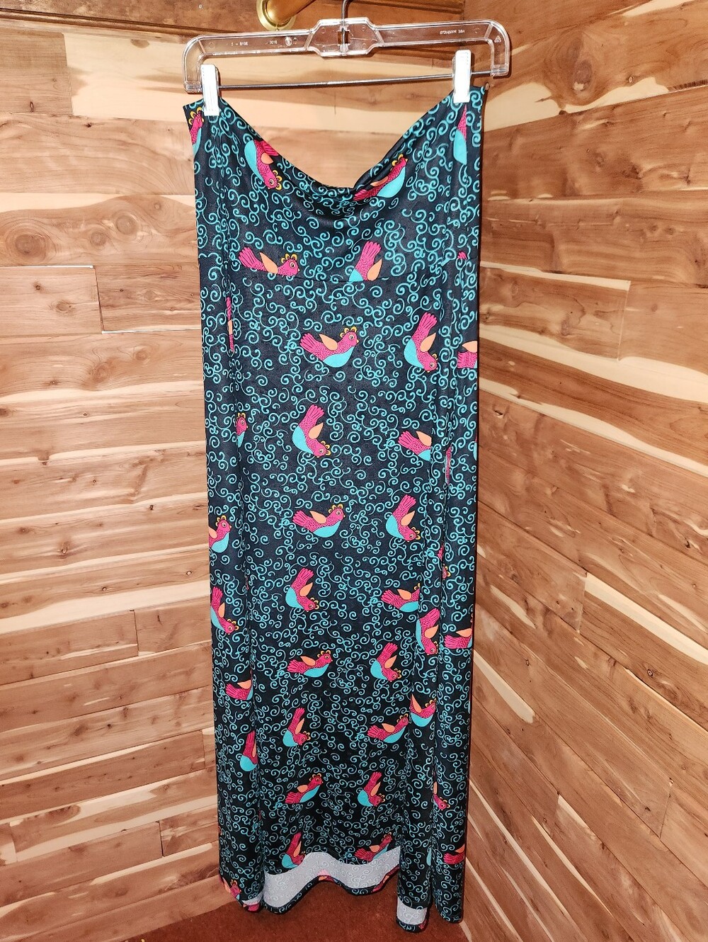 Lularoe Azure Maxi Skirt, Black with Pink & Teal Bird Print